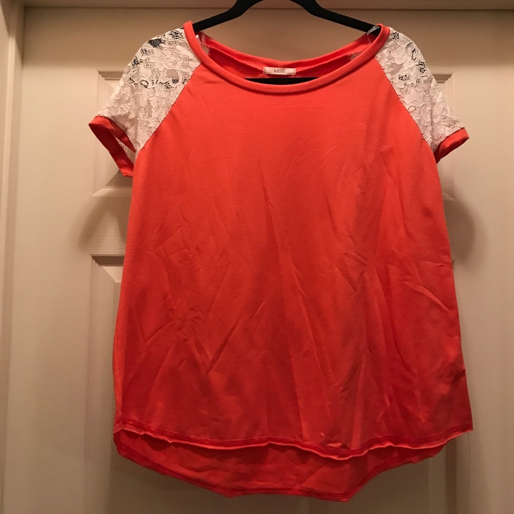 Coral shirt with lace sleeves